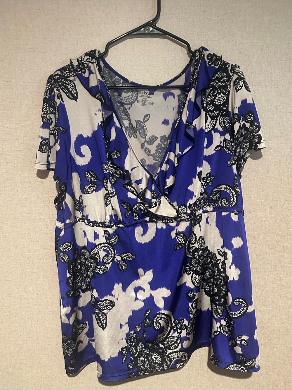 Lane Bryant 22/24 Blue and White Floral Wrap-Style Blouse
